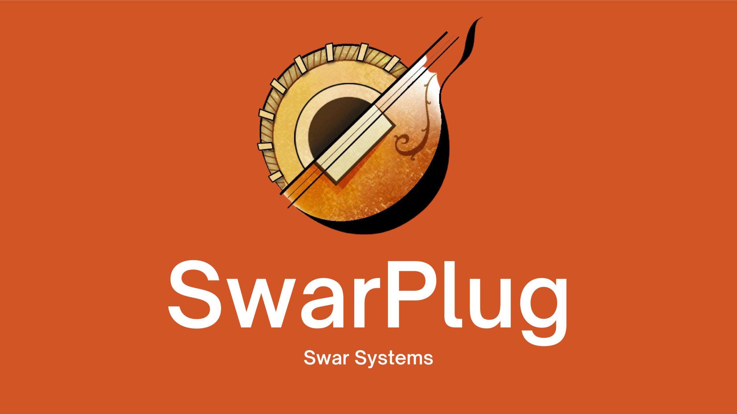 Logo for SwarPlug v4.6 by Swar Systems on a burnt orange background. The design features a stylized, circular musical instrument with strings, resembling a sitar or similar instrument, above the text "SwarPlug" in large white font and "Swar Systems" in smaller white font.