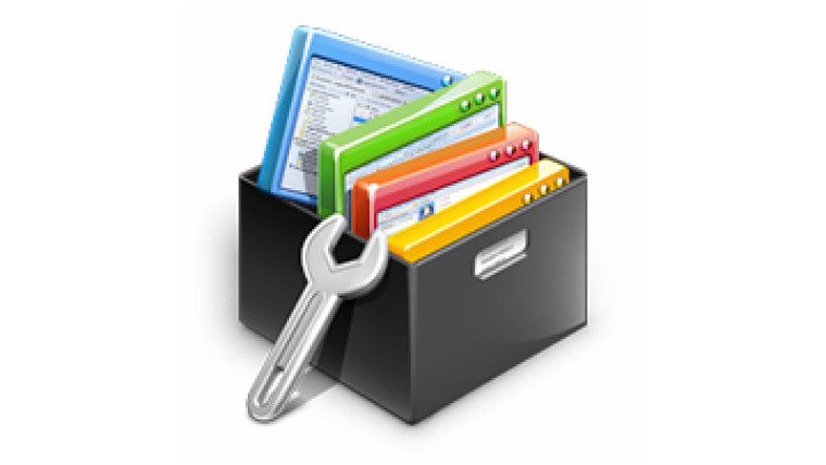 A black filing box containing colorful folders with application windows on their tabs. In front of the box is a silver wrench, symbolizing software or system settings, configuration, or tools for organizing and managing files or applications. It's like the ultimate AppDoze for an organized workspace.