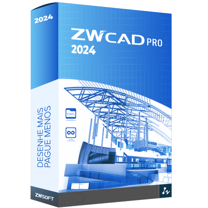 The image shows a product box for ZWCAD Professional 2024, designed by ZWSOFT. The box features a blue color scheme with architectural wireframe drawings. The text reads "DESENHE MAIS PAGUE MENOS," which translates to "Draw More, Pay Less.