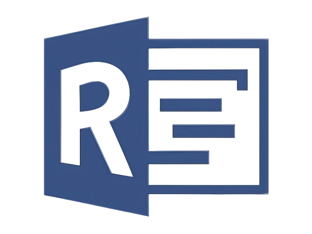 A logo featuring a blue, three-dimensional polygon with the white letters "RE" on it, reminiscent of a sleek Keygen design. The "R" is larger, and the "E" contains horizontal gaps giving it a stylized appearance. The edges of the polygon create a striking three-dimensional effect.