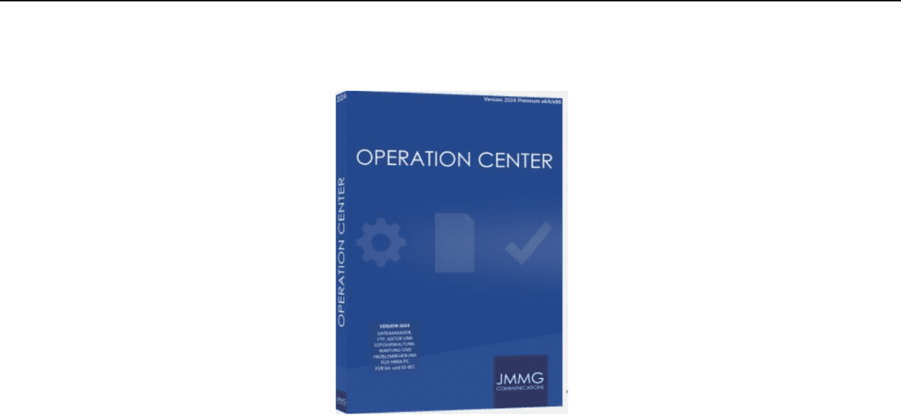 A blue software box labeled "JMMGC Operation Center" from JMMG Communications. The box features faint icons of a gear and a document. Text on the box indicates it’s v2024.2 Premium edition, ensuring you have the latest features and enhancements.